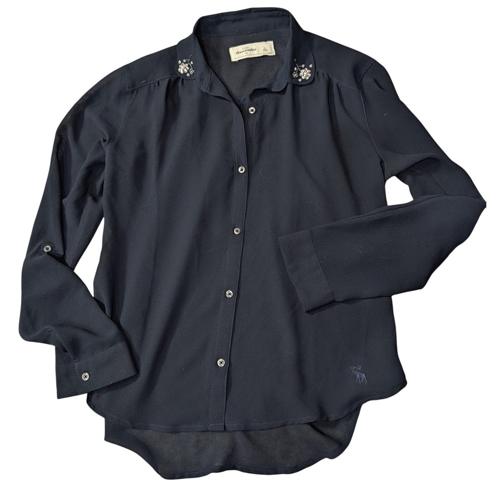 Abercrombie Navy Embellished Collar Shirt Girls L or Women S Preppy Coquette